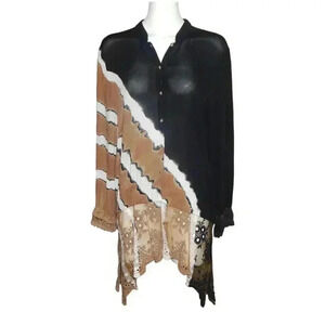 XCVI Lagenlook Tunic Top Size Medium Button Up Lace Trim Brown Black Rayon